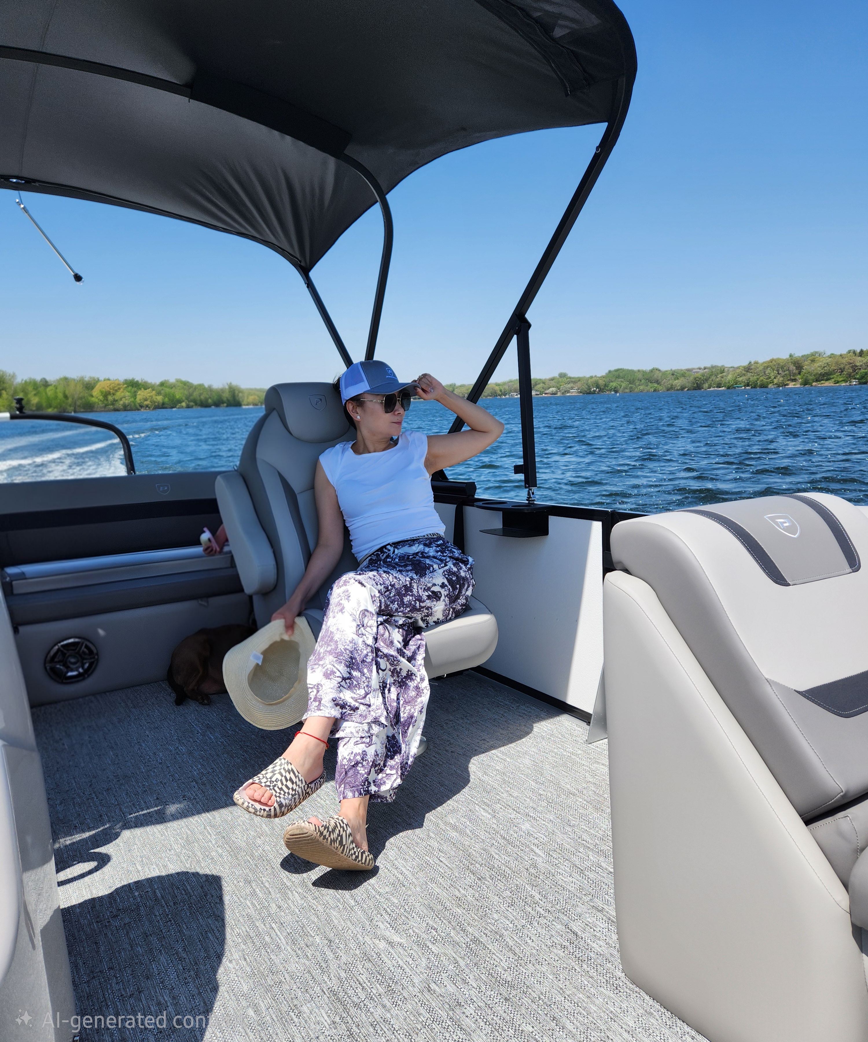 Passenger relaxing beneath the canopy aboard the Premier pontoon